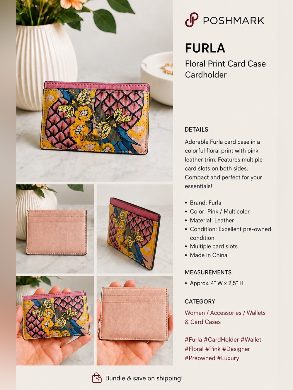 Furla Pink Floral Print Cardholder with Yellow & Blue Accents